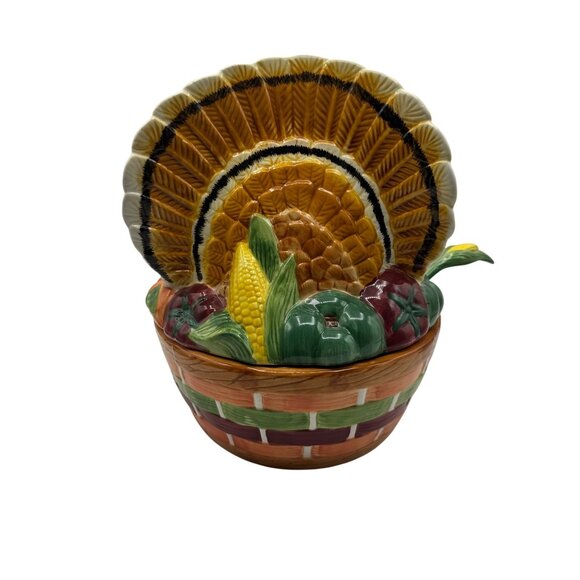 Handpainted Ceramic Turkey Basket Soup Tureen with Spoon - Picture 3 of 9